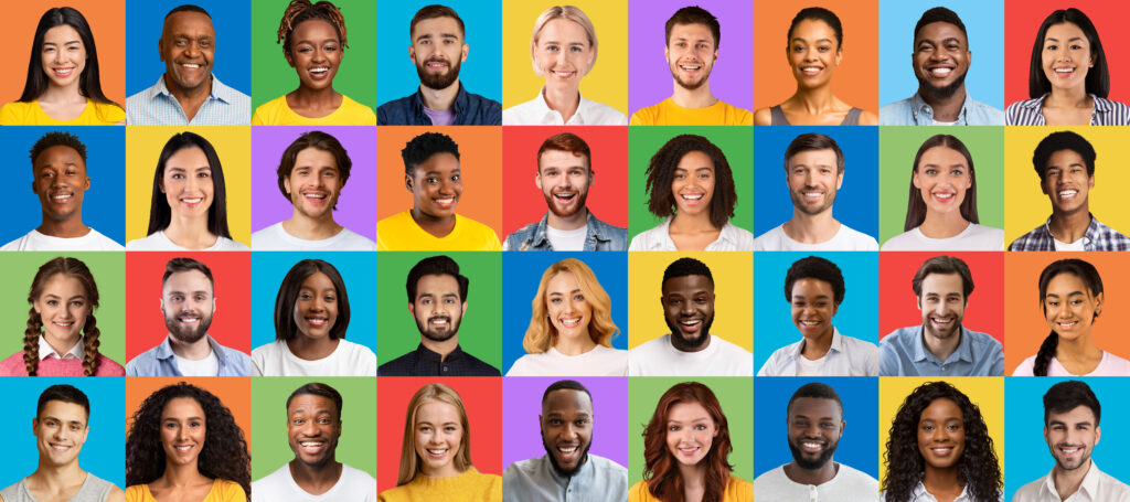 Mosaico de pessoas sorridentes representando diferentes tipos de investidores