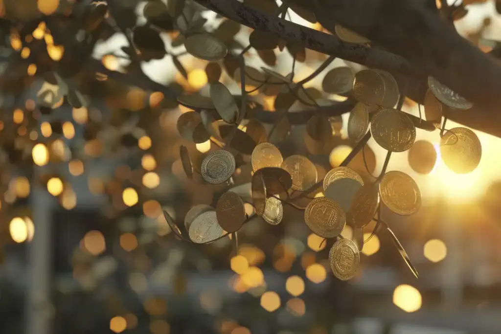 Ordem espiritual e finanças representadas por um recipiente de luz sobre moedas